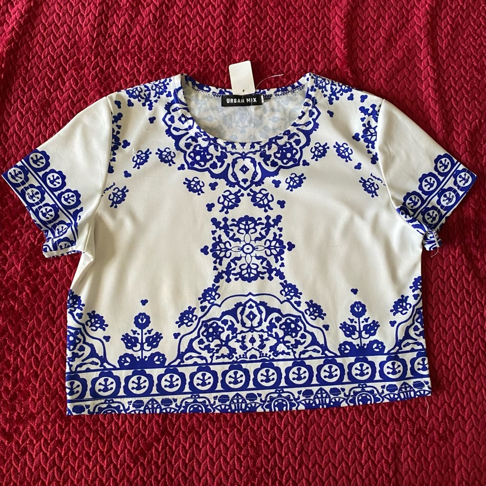 Urban Mix Women porcelain pattern Cropped T shirt Retro Tribal short sleeve crop